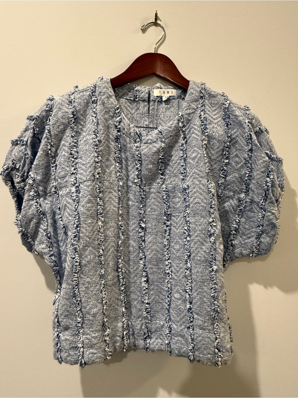 THML Light Blue Textured Fringe Short Sleeve Top Size XS